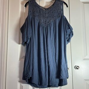 Paper Tee Slate Blue Cold Shoulder Short Sleeve Top Size 3X Soft Stretch